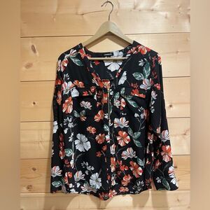Express Black Red Floral Long Sleeve Zip Front Top
